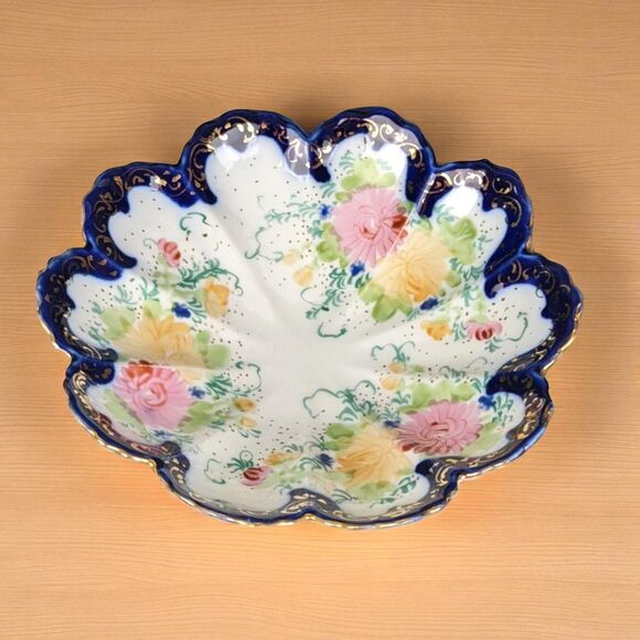 Vintage Hand-Painted Floral Porcelain Bowl: Cobalt Blue & Gold Trim - Picture 1 of 7